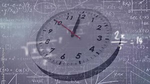 Clock showing time over mathematical equations and formulas animation Stock Video