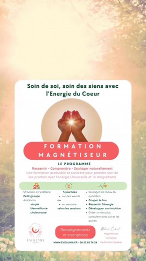 5 jours pour développer son intuition, apprendre et utiliser un protocole de magnétisme en sécurité, apprendre à couper le feu et utiliser un pendule. #magnetisme #formationmagnetisme #magnetiseur #radiesthesie | Evolumia Mélinda Cabart