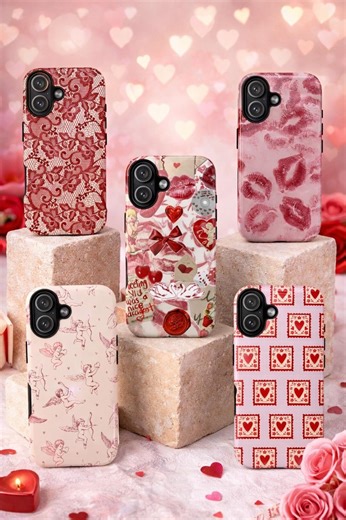 Love Kiss Pattern Phone Case Set, Red Lace, Hearts, and Cupid Designs, Protective iPhone 17 16 15 14 and Samsung Covers for Valentine's Day - Etsy