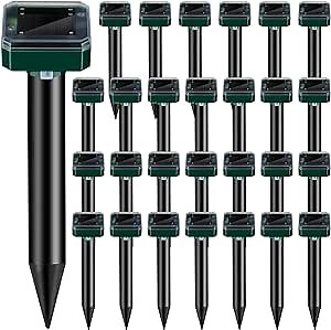 28 Pieces Solar Mole Repellent Ultrasonic Outdoor Gopher Deterrent Spikes for Garden Yard Lawn Waterproof Solar Powered Repeller for Groundhogs, Voles, Snakes and Other Burrowing Animals (Square)