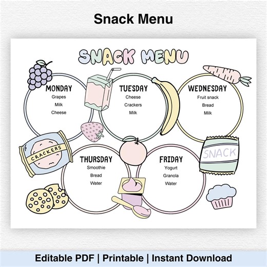 Kids Snack Planner, Weekly Meal Planner, Snack Menu for Children, Daycare, Snack Lunch, Menu Planner, Instant Download, PDF - Etsy