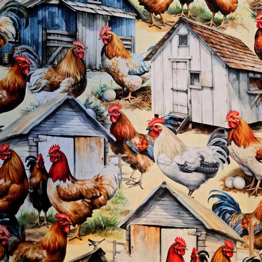 Chicken Farm Fabric: Colorful Rooster & Eggs, 100% Cotton Quilt Material - Etsy UK