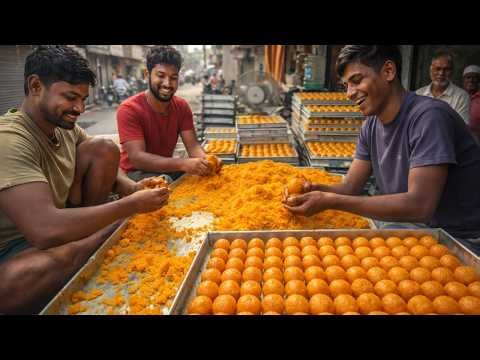 Massive Laddoo Making in Indian Street | Fresh Boondi Ladoo Preparation | Street Sweet Factory
