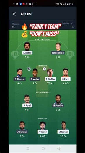 MUMBAI VS DELHI IPL DREM11 prediction... #ipl2026 #viral #drem11