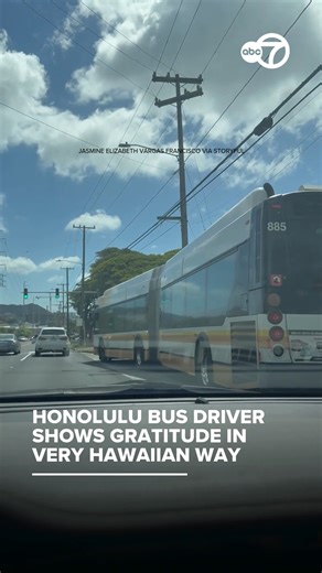A woman in Honolulu, Hawaii, was thrilled to receive a shaka sign from a bus driver after she let the massive vehicle merge into her lane, recently posted footage shows. Video captured by Jasmine Elizabeth Vargas Francisco shows the friendly motoring moment. Francisco told Storyful she “allowed a bus to cut in front of me and, in Hawaii, they signal a thank-you with a shaka/mahalo (thank you in Hawaiian) sign, bringing joy to us.” In the video, Francisco can be heard saying, “I let him go, becau