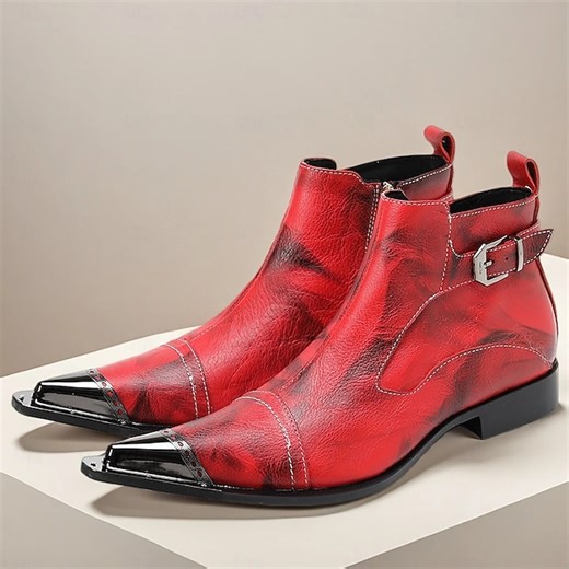 Men's Red Leather Boots with Buckle Detail and Pointed Toe