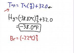 SOLVED:Of the 90 or so naturally occurring elements, only four are liquid near room temperature: mercury (. melting point .=-38.87^∘ C), bromine (melting point =-7.2 ^∘ C ), cesium (melting point = 28.40^∘ C ), and gallium (melting point =29.78^∘ C ). Convert these melting points to degrees Fahrenheit.
