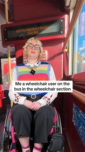 Did you know that sometimes buggy’s can act as wheelchairs for disabled children? This is an example of what to do if the disabled child’s buggy is small enough to fit in the wheelchair section with another wheelchair user. If it does not fit it becomes first come first serve! #Access: Video description: Eliza a White fem wheelchair user is on the bus we then see a mum getting on the bus with a buggy, they park in front of Eliza. We then see a parent get on with a disabled child. They ask the mu