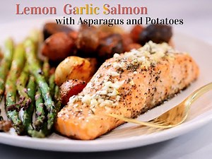 Lemon Garlic Butter Baked Salmon with Asparagus and Potatoes HD 1080p