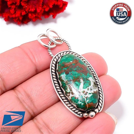 Cuprite Chrysocolla Art Deco Pendant 925 Sterling Silver Green Stone Jewelry - Etsy