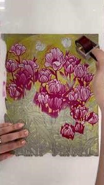 Printing process of “Tulips” reduction linocut #printmaking
