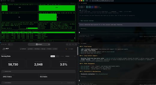 oMLX is working really well as single machine inference engine for coding agents! Caching is managed perfectly (it can use a ton of disk space, be aware!) and oQ quantization delivers great results. Behind the scenes it uses the standard MLX building blocks (75% created by @Prince_Canuma 🙏):- mlx-lm- mlx-vlm- mlx-embeddings- mlx-audioI tested Qwen3.6-35B-A3B-oQ6 on M5 Max with two pi instances and it was fast and furious and leveraging cache like crazy as you can see in the video. Let me try to