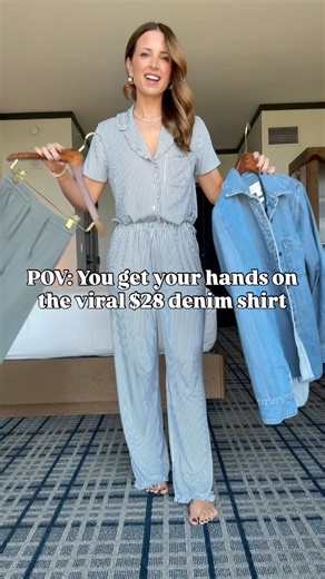 7.7K views · 23 reactions | POV: You get your hands on the viral $28 denim shirt! Comment DENIM below to shopIt’s super soft + the perfect amount of oversized and good booty-coverage (perfect for leggings)!! I’m wearing it to the airport with my favorite wide-leg pants I love to travel in﫶Direct URL: https://liketk.it/5nKEV #denimshirt #denimtop #falloutfit #widelegpants #casualoutfit #casualstyle #travelootd #traveloutfit | Lisa Robbins | Facebook