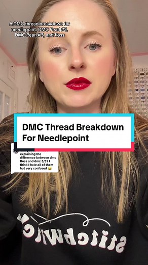 Replying to @Bhabbbit what is the difference between DMC Pearl cotton and DMC floss for needlepoint? And how do we use each one? I personally adore floss but hate DMC 3. Some needlepointers are probably the opposite. DMC is one of the most affordable threads for needlepoint you can find. #needlepoint #needlepointtiktok #stitching #needlepointforbeginners