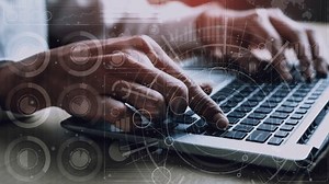 Big Data Technology for Business Finance Analytic conceptual. Modern graphic interface shows massive information of business sale report, profit chart and stock market analysis on screen monitor.