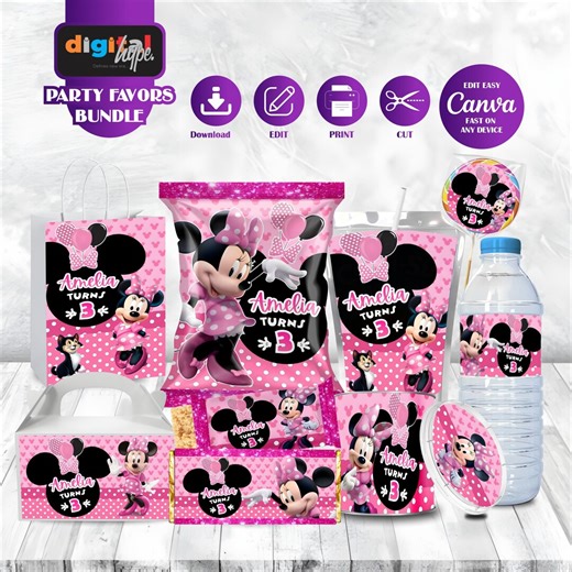 Minnie Mouse Favor Bundle Mickey Anime Theme Birthday Favours Printable Labels Daisy Duck Kids Gift Oh Twodles Party Decor Figaro Goofy MK05 - Etsy