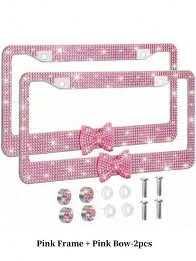 1pc/2pcs Sparkling Bow Tie Crystal Studded License Plate Frame - Handmade High-Quality Stainless Steel, Shimmering Diamond Style Car Tag Cover With Crystal Glitter And Glitter Screw Caps, Women Car Accessories | SHEIN