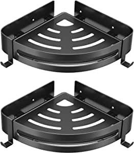 Shower Shelves 2 Pack Corner Shower Caddy Stainless Steel Bathroom Shower Shelf with 4 hooks Wall Mounted No Drilling Storage Shelves Adhesive Triangle Baskets Bathroom Kitchen Storage Basket-Black