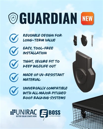 Installing GUARDIAN is as simple as clip, cover, cap! In just three steps, your system is protected from critters, nesting, and wire damage—no tools, no stress. ✅ Universal Fit for All Major Pitched Roof Systems ✅ Reusable Metal Clip Plastic Cap ✅ Tool-Free 3-Step Install: Just clip, cover, & cap! Protect your array with smarter hardware, designed with installers in mind. Click here to watch how fast and easy it is to install Unirac’s GUARDIAN Critter Guard: https://www.youtube.com/watch?v=Wv5av