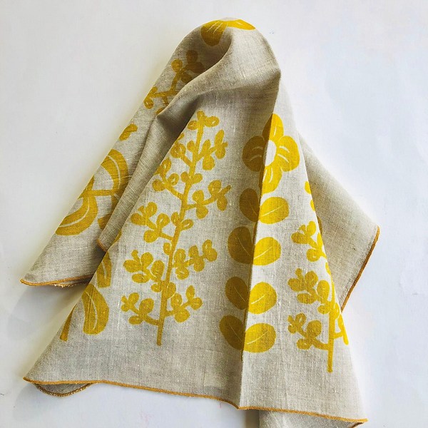 Floral Linen Tea Towel: Yellow Folk Flower Print, Handmade - Etsy