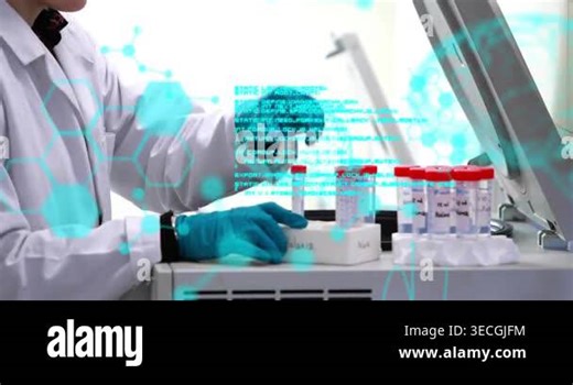 Lifting tech wearing white lab coat, teal gloves placing red-capped tubes into device, copy space Stock Video Footage - Alamy