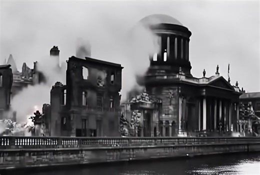 On 16th April 1922, 200 Anti-Treaty IRA under Rory O'Connor occupied the Four Courts. Under increasing pressure from Britain, the Free State forces accepted two artillery guns and began shelling the building on 28th June. Two days later a large explosion destroyed the building, leading to the surrender of the garrison. | Irelands past in Motion