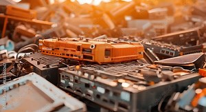 Recycling old computer equipment pile. Concept E-waste recycling, Sustainable technology disposal, Green computing, Electronic waste management