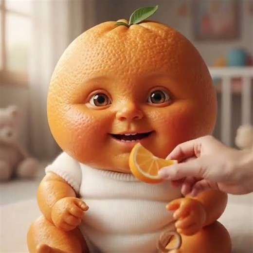 A Gentle Moment of Care as a Fresh Orange Slice Is Slowly Fed, One Bite at a Time