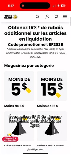 3.6K views · 13 reactions |  Notre promotion en ligne du Vendredi fou est EN COURS!  Économisez 15 % de plus sur les articles en liquidation en ligne, mais faites vite, l’offre est valide en ligne seulement et se termine le 30 novembre à 23 h 59 (HAE)! Utilisez le code promotionnel BF2025 à la caisse et faites des économies encore plus impressionnantes sur des prix déjà bas. ️  Magasinez dès maintenant au www.tigregeant.com. | Tigre Géant | Facebook