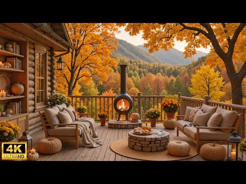 Autumn Mountain Porch Ambience - Relaxing Piano & Crackling Fire Sounds for Stress Relief, Unwind