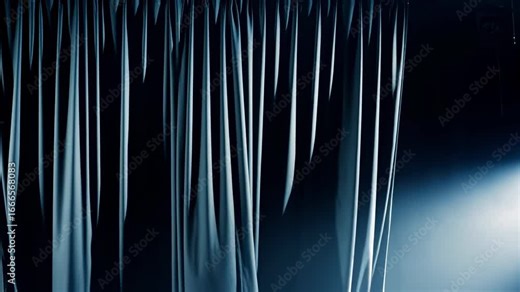 Dark blue theater curtains flowing gracefully with dramatic stage lighting and atmospheric smoke effects in cinematic presentation Stock Video