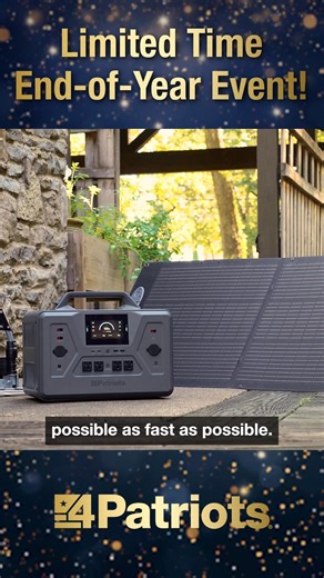 🚨 Ends 12/31 at midnight! $299 down gets you America's most advanced solar generator FREE solar panel (ships tomorrow) The NEW Patriot Power Generator 2200X just dropped — and inventory is already running low. ✅ Runs your fridge 3 days straight (saves $1,400 in spoiled food) ⚡ Pass-Through Tech: Kicks on automatically when power fails ☀️ FREE 200-Watt Solar Panel included ($599 value) 🔋 Expandable to 6,720Wh for whole-home backup 💪 11 years of daily use (4,000 charge cycles) 🏠 Silent, fume-f