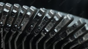 Vintage typewriter machine mechanism with keyboard closeup. Antique old editorial equipment for writer