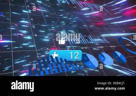 Animation of social media icons over network of connections with statistics. Global social media digital interface technology and connections concept digitally generated video Stock Video Footage - Alamy