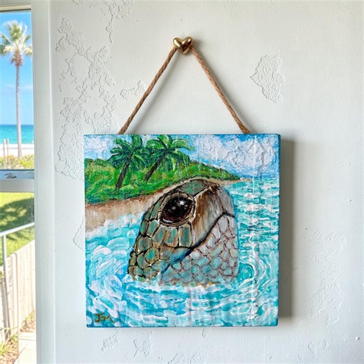 Original Acrylic Painting: Sea Turtle, Ocean, Coastal Decor, 4.5 Inch Wood Plaque - Etsy