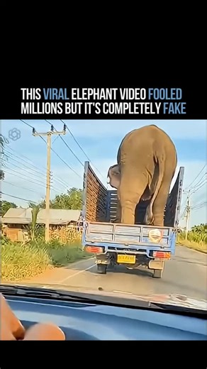 Making AI Useful | Innovations | Tech on Instagram: "This captures a moment from a viral video that appears to show an elephant falling from the back of a moving truck. The footage is widely reported to be digitally manipulated or AI-generated, not a real event. Visual inconsistencies within the clip indicate it is fake. The video is often used as an example of how convincing AI-generated content can be. The original clip circulated on social media platforms like Facebook, where users debated it