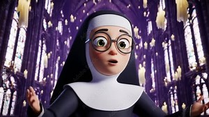 Animated nun with surprised expression, standing in a grand, gothic cathedral.