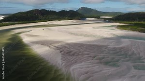 Drone Flight over Daintree Rainforest's River Mouth Estuary - Serene Coastline with White Sand and Flowing River