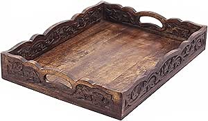 Hand Carved Wooden Serving Tray - Decorative Breakfast Tray with Handles - Rustic Wooden Food Tray with Intricate Detail - Unique Furnishing Accent - Natural Finish - 17 x 13 x 2.5 Inch - COTTON CRAFT