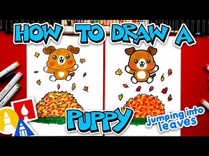 How To Draw A Cute Puppy Jumping Into Leaves - Videos For Kids