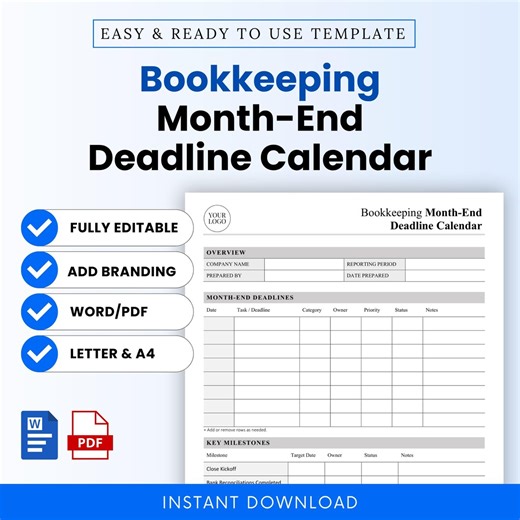 Bookkeeping Month-end Deadline Calendar Template – Word & PDF, A4 + US Letter - Etsy Canada