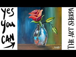 Easy Rose Rosebud in a vase 🌟🎨 How to paint acrylics for beginners: Paint Night at Home