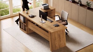 LITTLE TREE 78-Inch L-Shaped Executive Desk, Modern Desk with Drawers & File Cabinet, Large Walnut Office Workstation with Storage Shelves for Home Office