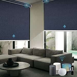 SmartWings Motorized Blinds with Remote for Windows, Matter Roller Window Shades 100% Blackout Automatic Electric Smart Blinds Compatible with Homekit, Alexa, Google Home, Eclipse Denim