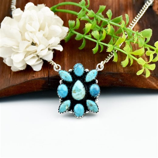 Navajo Turquoise Cluster Pendant Necklace, Sterling Silver Southwest Style Flower Jewelry, Gift for Her - Etsy