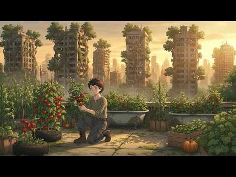 Rooftop Garden in Empty City: Peaceful Morning Harvest | Post-Apocalypse ASMR Ghibli