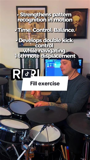 Moving 16th notes around the kit while adding double kick forces your feet to stay consistent under motion. This builds real coordination, timing control, and cleaner transitions back to time. Practice slow. Lock it in. 🥁#drumtutorial #drumtips #learndrums #drumexercise