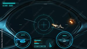 Space Shooter 3D Video Game imitation. The Spacecraft In Space Destroys The Enemy Crew With A Laser Gun. Planet Jupiter Asteroids And Stars On The Background.