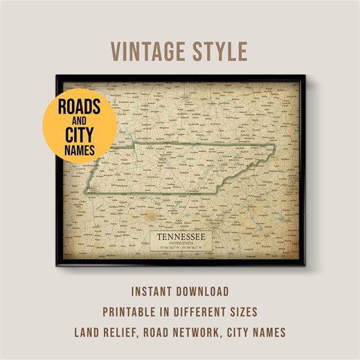 Tennessee Vintage Style Map With Roads and City Names, Printable Poster (instant Download) - Etsy