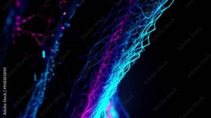 Abstract lightning background Glowing particles. Abstract light background in the form of blue purple neon line waves in the dark space is very beautiful. Futuristic signal network waves. 4K